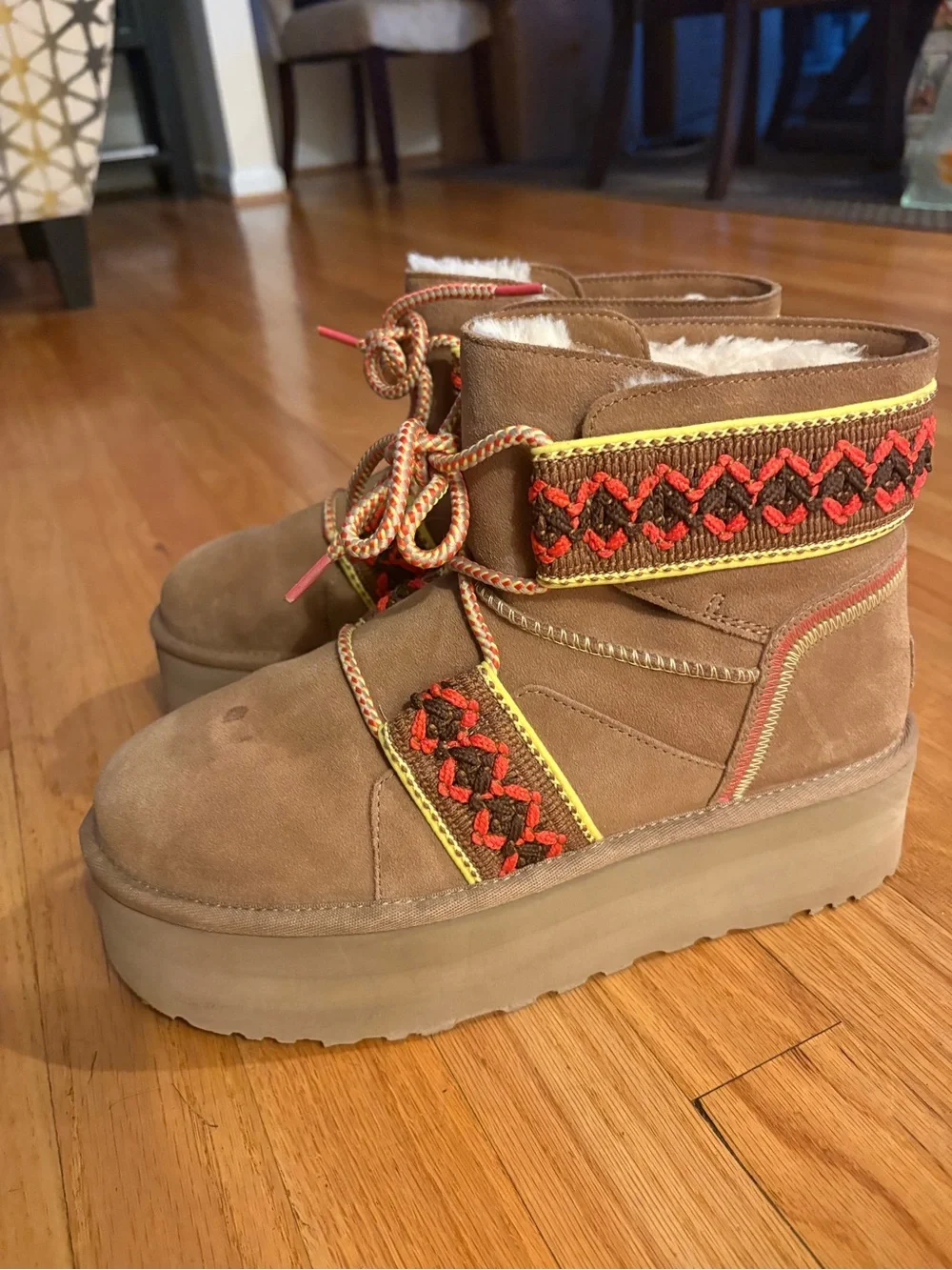 UGG Tan Suede Platform Ankle Boots with Red and Yellow Embroidered Trim